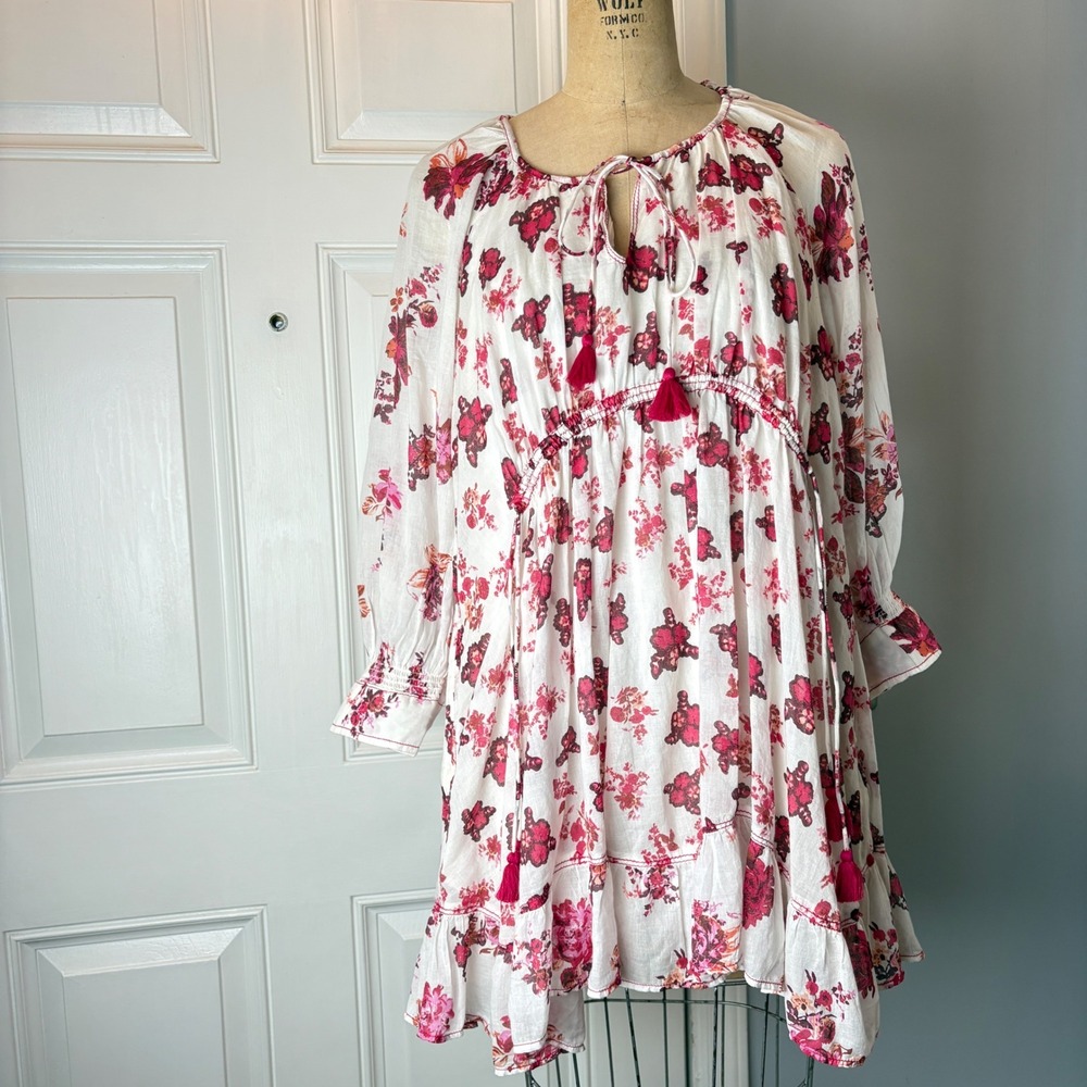Free People Floral Cotton Gauze Babydoll Mini Dress Pink White Tassel OB1666374